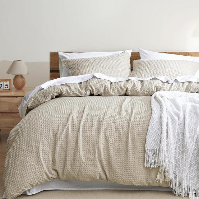 PHF Waffle Weave Duvet Cover Set King Size, 3 Piece Ultra Soft Breathable Durable Comforter Cover for All Season, Waffle Textured Duvet Cover with 2 Pillow Shams Bedding Collection, 104"x90", Linen