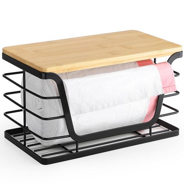 ALOCEO Trash Bag Dispenser with Bamboo Top, Stackable Storage Standard Trash Bag Holder, Wall Mount Garbage Bag Dispenser for Kitchen Laundry Room Organization, Small