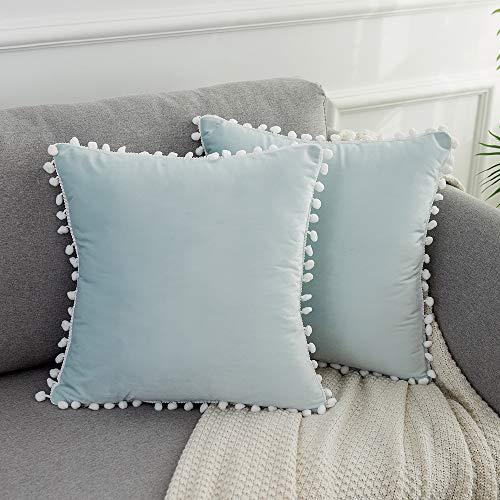 WLNUI Soft Velvet Light Blue Pillow Covers Decorative Cute Pom Poms Throw Pillow Covers Square Cushion Case for Sofa Couch Home Decor 18x18 Inches