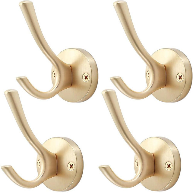 TOFIIGREM Gold Hat and Coat Hooks, 4 Pack Heavy Duty Coat Robe Hook, Metal Double Backpack Hook Wall Mounted, Towel Hooks for Bathroom Entryway Cubicle Closet Garage