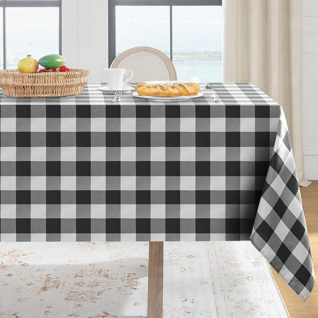 Softalker Gingham Checkered Tablecloth Rectangle - Outdoor Waterproof Buffalo Plaid Table Cloth, Stain Resistant Washable Table Cover for Picnic, Camping, Dining - Black and White, 60 x 120 Inch