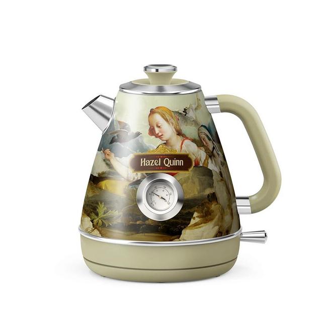 Hazel Quinn X Eduardo Recife Collaboration Electric Retro Tea Kettle with Thermometer - 1.7 L / 57.5 oz, All Stainless Steel, Fast Boiling 1200W, Cordless, BPA-free, Automatic Shut-Off - Renaissance