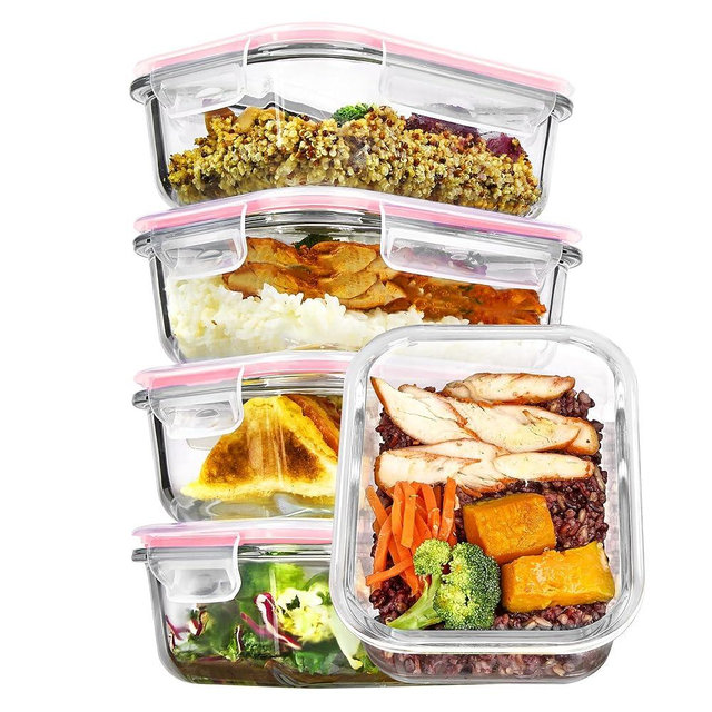 Vtopmart 5Pack 22oz Glass Storage Containers with Lids, Glass Meal Prep Food Container Sets with Snap Airtight Lids for Microwave, Oven, Freezer and Dishwasher, Pink