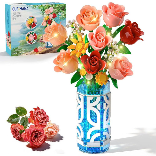 CUBIMANA 14 Flowers Bouquet Building Set with Vase and LED Light, Easter Gifts for Family Friends, 747 PCS Mini Roses Flower Building Blocks Toy, Artificial Roses Flowers Home Decor & Display