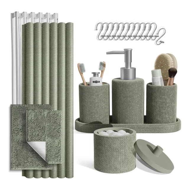 Hearth & Harbor Bathroom Accessories Set with Shower Curtain and Rugs, 21PC Sage Green Bathroom Accessory Set