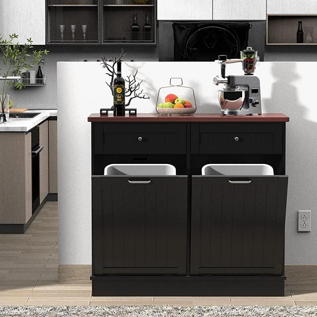 TOLEAD Double Tilt Out Trash Cabinet 20 Gallon,Antique-Style Beadboard Trash Can Cabinet Kitchen with Solid Wood Tabletop & Drawer, Pet Proof Trash Can, Wood Laundry Cabinet (Black)