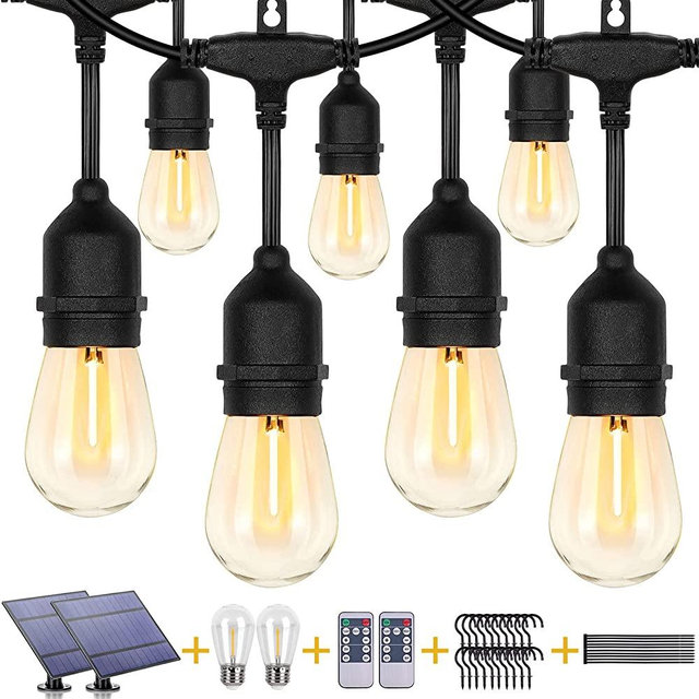 2 Pack 100FT Solar String Lights Waterproof,outdoor string lights solar powered,Solar Powered & USB Charging,5W Light S14 Shatterproof Plastic 32 Bulbs Remote Control Dimmable/3 Modes for Bistro/Patio