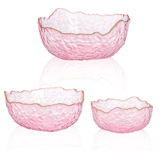 ZEAYEA Set of 3 Glass Salad Bowls, Pink Serving Bowls for Kitchen Prep, Decorative Large Candy Bowl, Irregular Shape Space Saving Nesting Set for Salad, Fruit, Snack, Dessert