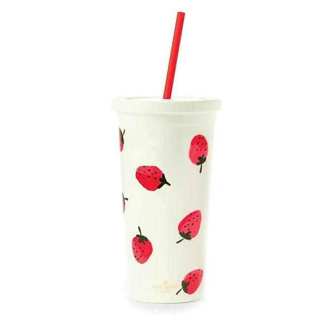 Kate Spade New York Insulated Tumbler with Reusable Straw, 20 Ounce Acrylic Travel Cup with Lid, Strawberries