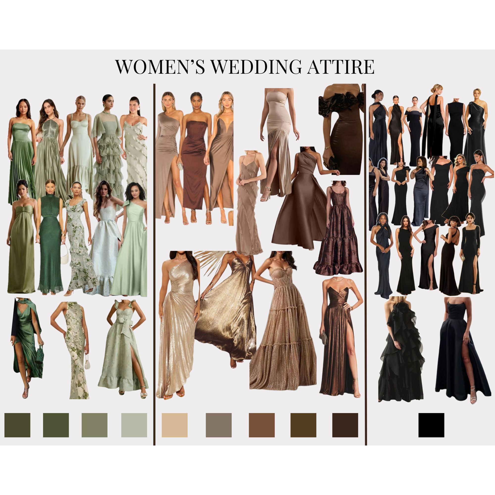 Wedding Guest Dress Inspiration: Think natural tones! Love any shades of green, browns, metallics, and of course black. Have fun with it and dress your best!
