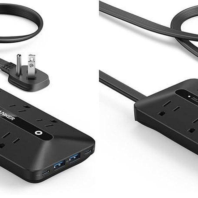 Anker 300J Flat Plug 10-in-1 Ultra Thin Power Strip with 6 AC, 2 USB-A & 2 USB-C Ports, Extension Cord, Desk Charging Station for Home, Office, College, Dorm, 5 Feet, Black (Pack of 2)