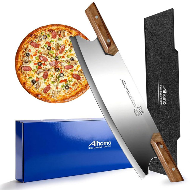 Aihomo Professional Pizza Cutter Rocker, 13 Inch 420J1 Japanese Stainless Steel Blade, Pakkawood Handle with Hand-Guard, Protective Cover Included, Dishwasher Safe