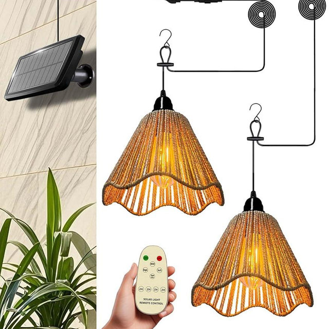 DOMXRUI Solar Chandelier Outdoor Waterproof, Gazebo Lights Solar Powered with Remote Control, Boho Hanging Pendant Light for Porch, Patio, Pergola, Shed, Chicken Coop, Balcony(2 Lights)