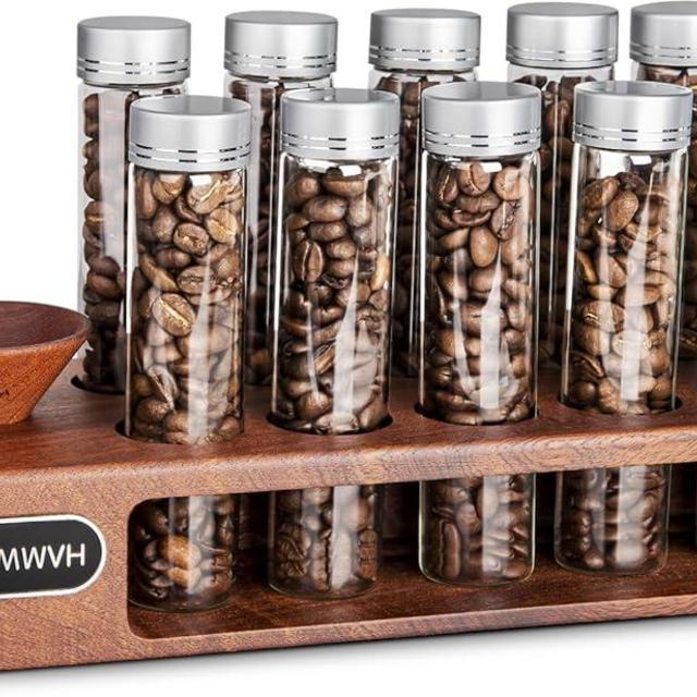 YMWVH Single Dose Coffee Bean Storage Tubes 12 Pcs Coffee Bean Cellar Container Dosing Glass Vials,2oz Glass Jars With Lids, 2 Layers Sapele Display Stand And Wooden Funnel(Large)