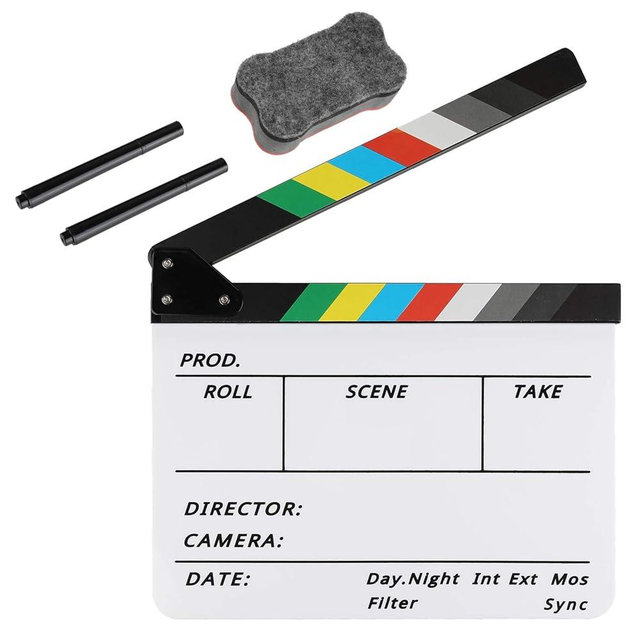Acrylic Film Clapboard -12 x 10in Plastic Film Clapboard Cut Action Scene Clapper Board with a Magnetic Blackboard Eraser and Two Custom Pens