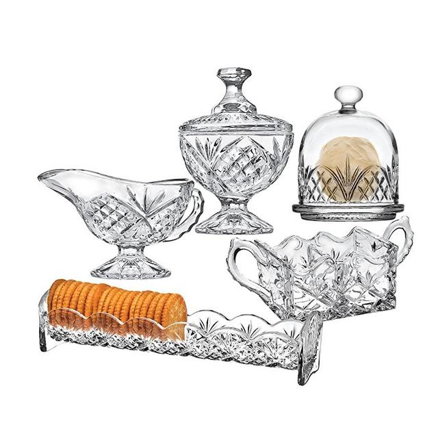 Godinger Serving Hostess Set - Butter Dish, Sugar and Creamer, Packet Holder, Cracker Tray - 5 Piece Set, Dublin Collection