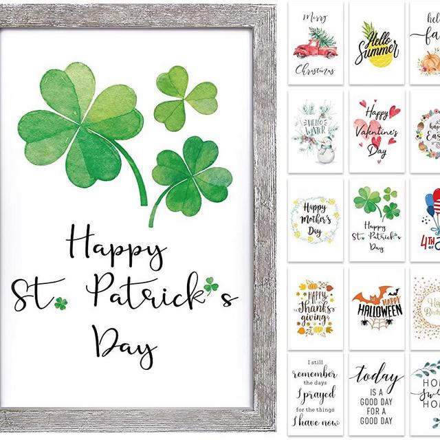 Farmhouse Wall Decor Sign For St Patricks Day Decor & Easter Spring Decoration For The Home With 16 Interchangeable Holiday Sayings Rustic Home Decor Living Room Bedroom Kitchen 11x16” Picture Frame