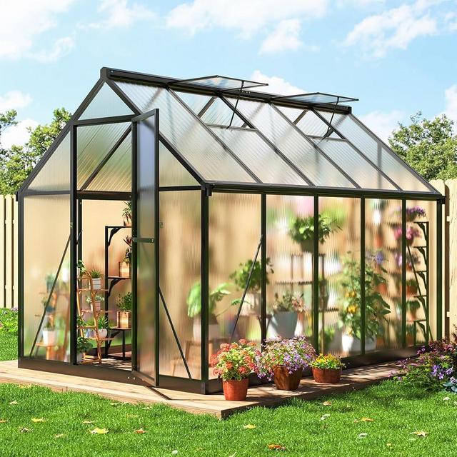 VIWAT 6x9 FT Greenhouse for Outdoors, Polycarbonate Greenhouse with Quick Setup Structure and Roof Vent, Aluminum Large Walk-in Greenhouse for Outside Garden Backyard, Black