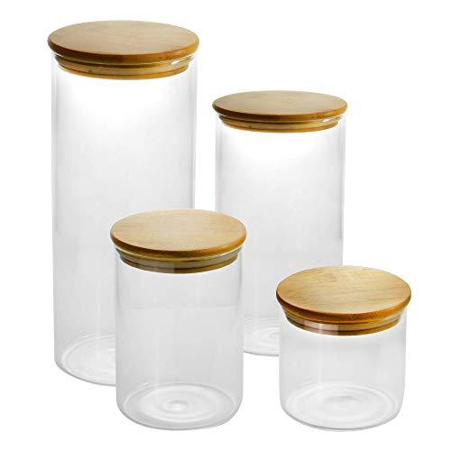 Set of 4 Glass Storage Jars with Bamboo Lids | Airtight Food Storage | Glass Containers | Kitchen Storage | M&W