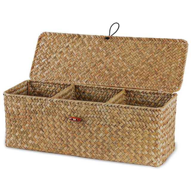 TaoTazon Woven Basket for Toilet With Lid, Seagrass Tank Woven Basket Organizer with 3 Sections, Woven Basket with Wood Tray for Toilet, Dresser(Big Size: 16.6 * 5.7 * 5.5inch)
