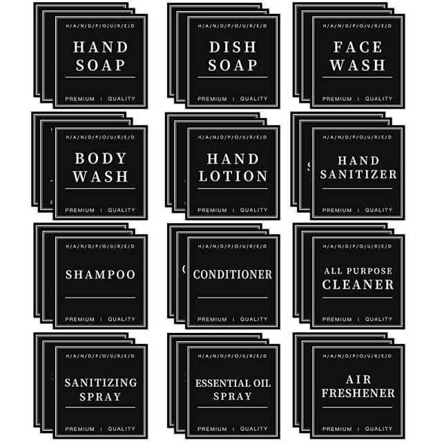 36PCS Waterproof Labels for Bottles, Hand Soap Lotion Shampoo and Conditioner Dispenser Label Stickers, Removable Cleaning Bathroom Labels for Glass or Plastic Bottles(Black)