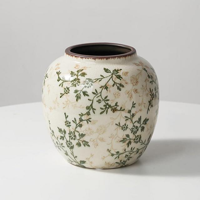 XIUWOUG Green Chinoiserie Floral Vase,Ceramic Vintage Vases Retro Ice Cracked Ceramic Vases for Home Decor, Living Room,Office,Chinoiserie Decor,J