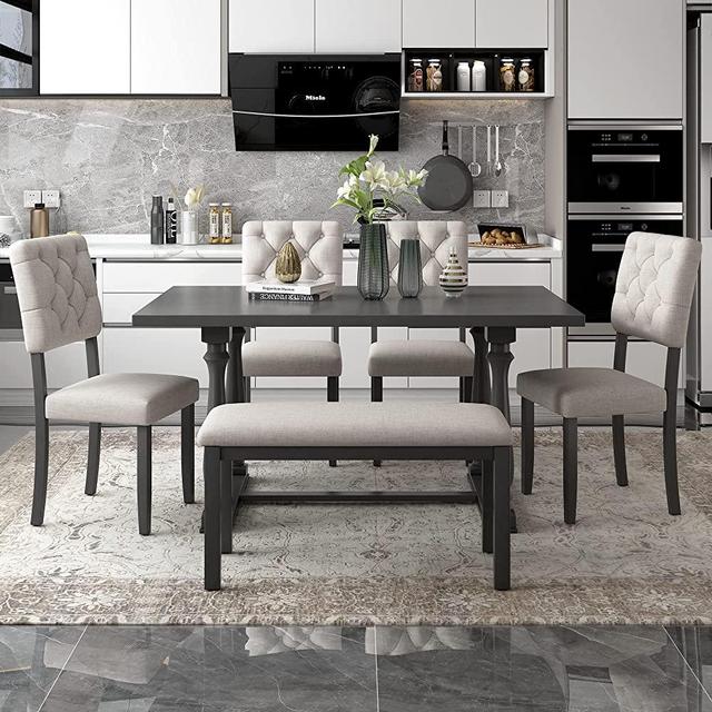 Merax 6 Piece Kitchen Dining Table Set, Wooden Rectangular Dining Table with Upholstered Bench and 4 Chairs, Dining Room Table Set for 6 People, Living Room Furniture (Gray, Cushions)