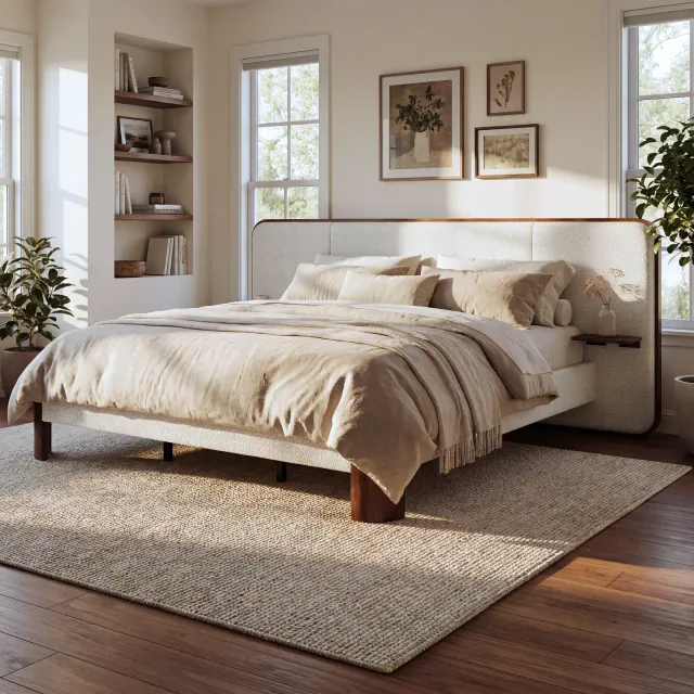 King Size Upholstered Platform Bed Frame Noise-Free Bed with Padded Headboard & Floating Side Tables, White & Brown - ModernLuxe