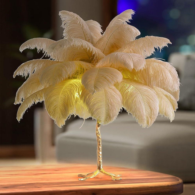 MAYOLA Modern Ostrich Feather Table Lamp with Plug in Wire,3-Light Bedside Floor Lamp for Living Room, Bedroom and Office 24” Tall Feather Desk Lamp (Ostrich Color, Table Lamp-Resin)