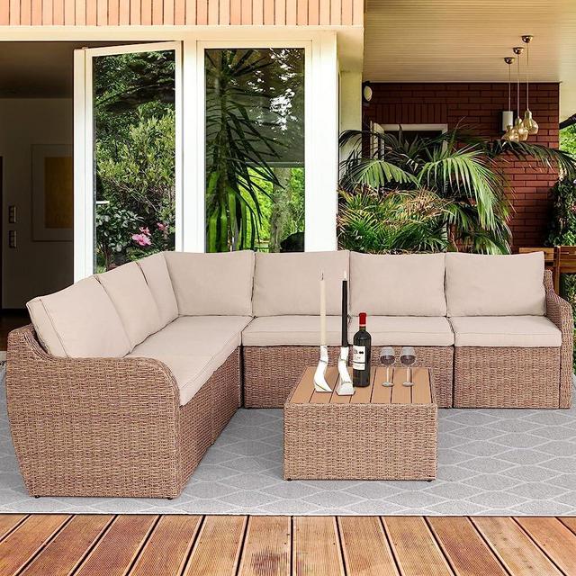 Vicluke 7 Piece Patio Furniture Set, Rattan Wicker Sectional Sofa Set with Ergonomic Curved Armrest, Outdoor Conversation Set with Waterproof Cushion and Glass Table for Garden, Backyard(Khaki)