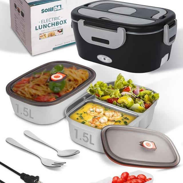 SOHIDA Heated Lunch Box, 80W Electric Lunch Box with Dual-compartment Container and Lid, 12V/24V/110V Food Warmer with Utensils and Insulated Bag for Car/Truck/Office (Matte Black)