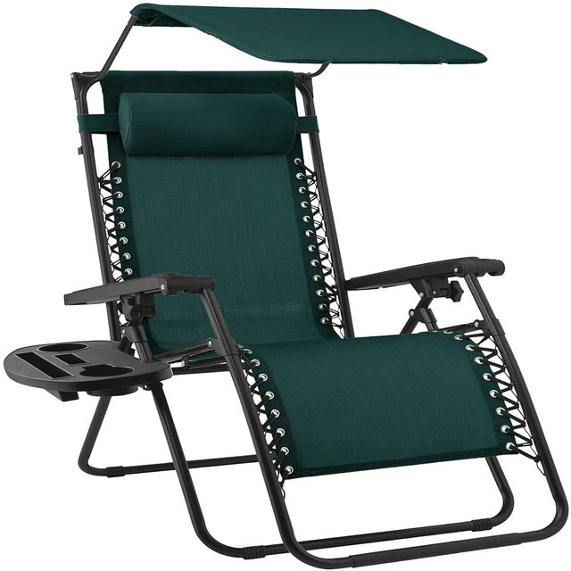 Best Choice Products 30” Wide Folding Zero Gravity Outdoor Recliner Patio Lounge Chair w/Adjustable Canopy Shade, Headrest, Side Accessory Tray - Forest Green