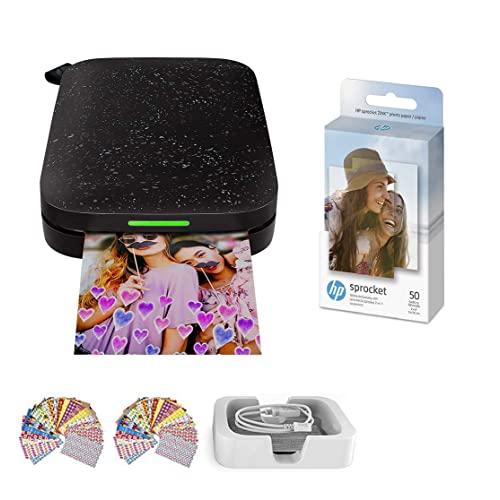 HP Sprocket Photo Printer (2nd Edition) Instantly Print Social Media Photos on 2x3 Sticky-Backed Paper (Black) + Photo Paper (50 Sheets) + USB Cable + 60 Decorative Stick-On Border Frames