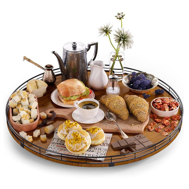 Farmhouse Oak 21" Lazy Susan Turntable Organizer for Cabinet, Round Wooden Lazy Susan Organization and Storage for Dining Table, Pantry, Kitchen, Countertop, Cupboard,Home Decor, Walnut (21)