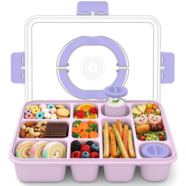 Sunhanny Snackle Box Container for Adults with 10 Compartment, Divided Serving Tray with Lid and Handle and 2 Sauce Containers, Portable Snack Box Container for Charcuterie Party Travel, Purple