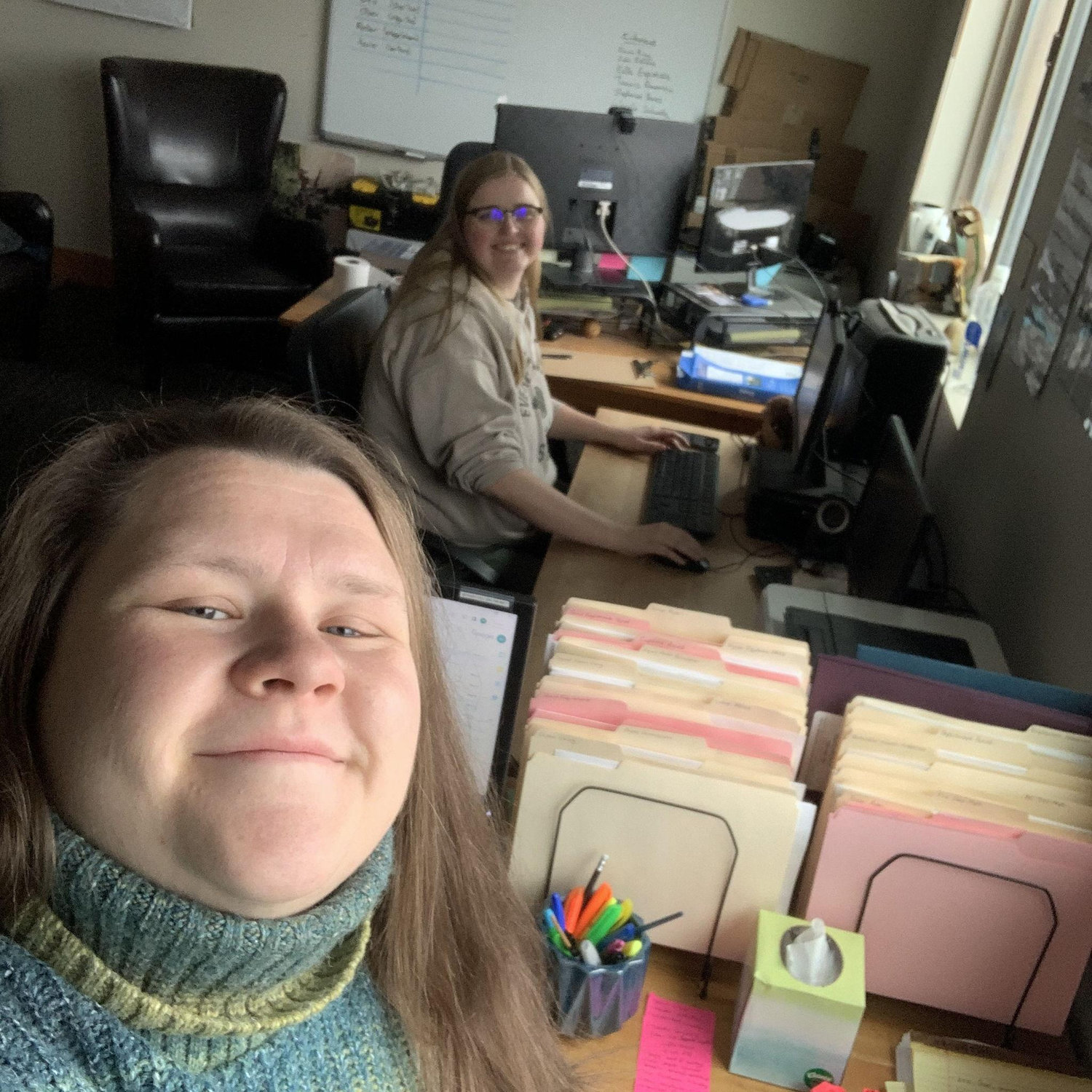 The two shared an office day during a snow storm when no one could leave or come to the lodge!