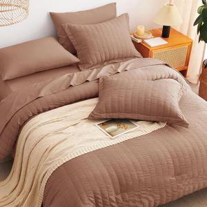 CozyLux Queen Comforter Set Mocha Mousse Seersucker 7 Pieces Bed in a Bag Queen Comforter Set with Sheets, Luxury Bedding Sets with Down Alternative Comforter, Sheets, Pillowcases & Shams All Seasons