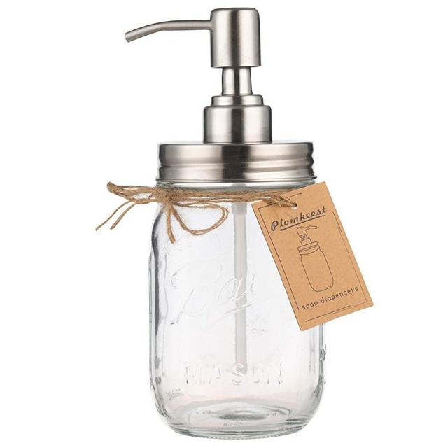 Plomkeest 16oz Mason Jar Soap Dispenser Clear Glass Jar Soap Dispenser with Rust Proof Stainless Steel Pump Liquid Soap Dispenser for Bathroom,KitchenDecor Great for Lotions, Liquid Soaps(Silver)