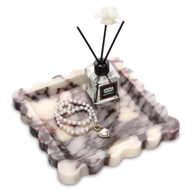 Square Marble Decorative Tray with Scalloped Edge,Luxury Natural Italian Stone Bathroom Vanity Tray, Dresser Top Perfume Coffee Home Sink Tray, Key Trinket Ring (Turkey Calacatta Viola, 8 * 8)