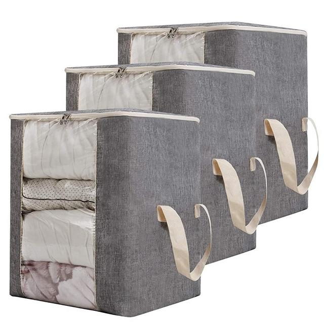 Qozary 122L Large Foldable Storage Bag Organizer Clothes Storage Container for Blanket Comforter Clothing Bedding with Durable Handles (Gray, 3 Pack)