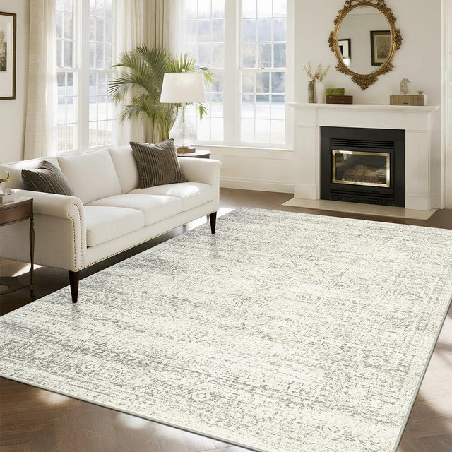 Srugn Washable Rugs 8x10 Area Rugs for Living Room,Bedroom,Dining Room- Large Ultra Soft Faux Wool Retro Carpets,Non Slip&Non-Shedding Low Pile Vintage Print Rug for Home Office Decor-Beige