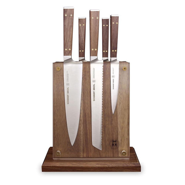 Brass and Walnut 6-piece Knife Block Set, High-Carbon German Stainless Steel Multipurpose Kitchen Cutlery with Midtown Storage Block