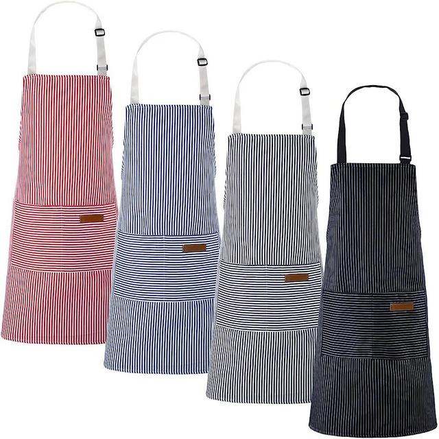 Handepo 4 Pieces Cooking Kitchen Aprons Unisex Soft Chef Kitchen Aprons with Pockets Cotton Polyester Blend Adjustable Bib Aprons for Women Men, Crafting Bbq, Black, Blue, Pink, Grey Stripes