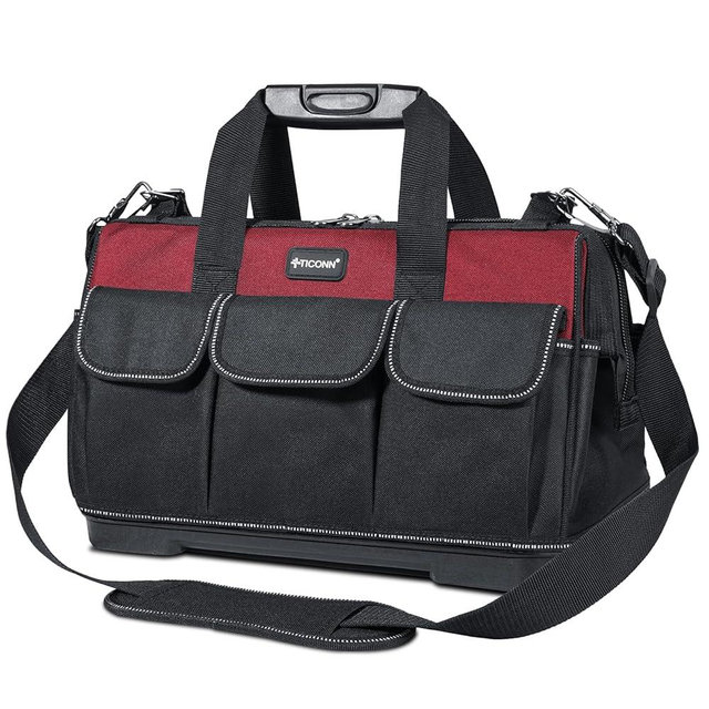 TICONN Tool Bag with Multi-Pockets Wide Mouth Tool Tote with Safety Reflective Straps, Adjustable Shoulder Strap and Ergonomic Handle (Red, 16" Molded Base)