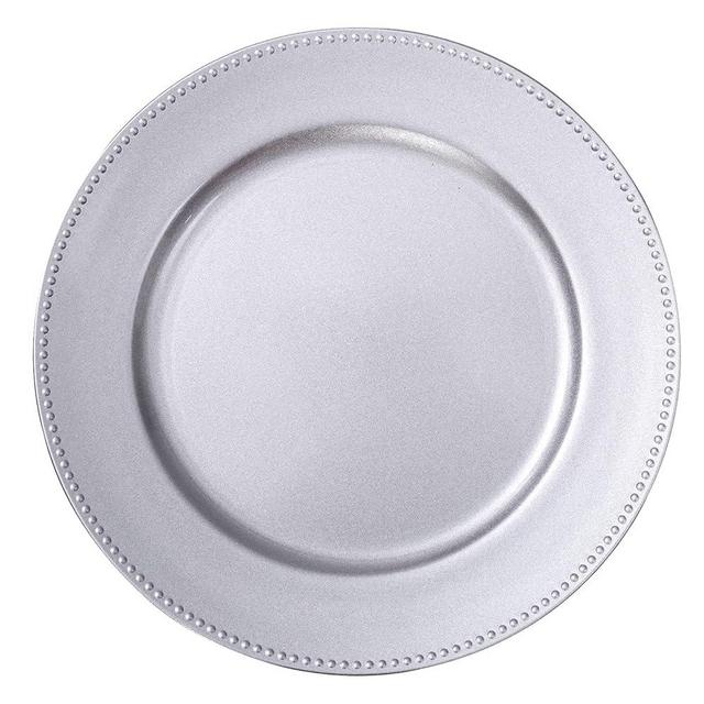 MAONAME Silver Charger Plates Set of 12, Round Dinner Chargers with Beaded, 13 Inch Plastic Plate Chargers for Wedding, Table Decor