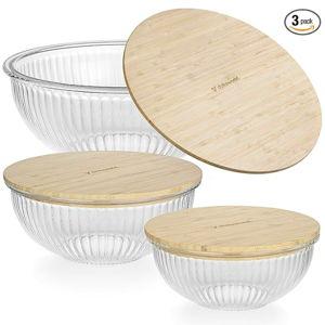 Stackable Space-Saving Nesting Set of 3 Glass Bowls with Bamboo Lids for Foodprep, Storage, Mixing & Cooking - Microwave & Oven Safe BPA Free Durable Heat Resistant Inert Borosilicate Glass