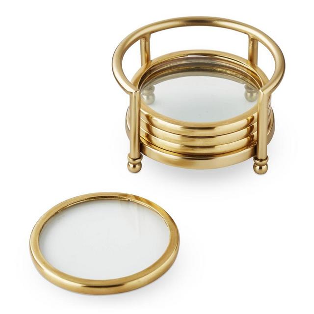 Antique Brass and Glass Coasters, Set of 4