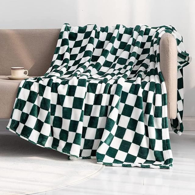 LOMAO Throw Blankets Flannel Blanket with Checkerboard Grid Pattern Soft Throw Blanket for Couch, Bed, Sofa Luxurious Warm and Cozy for All Seasons (Green, 51"x63")