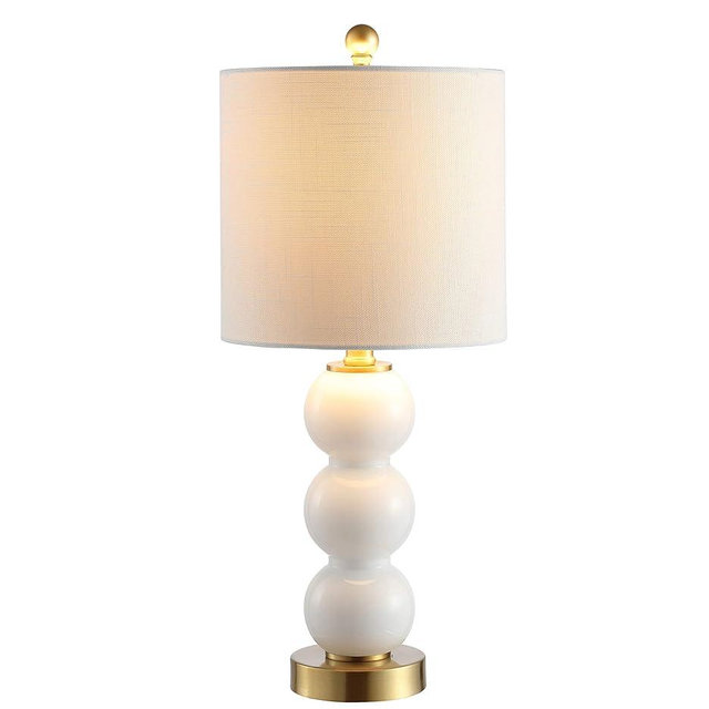 JONATHAN Y 21" White/Brass Gold Glass Table Lamp for Bedroom and Living Room, White Linen Shade, Modern Stacked Sphere Bedside Lamp, LED Bulb Included JYL1021A
