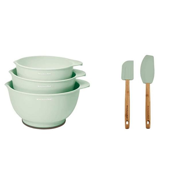 KitchenAid Classic Mixing Bowls, Set of 3, Pistachio & Classic Bamboo Spatula, Set of 2, Pistachio